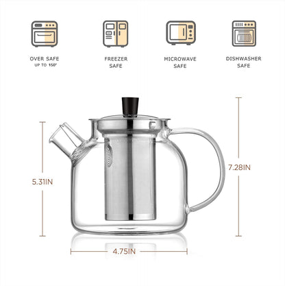 Glass Teapot with Removable Infuser,Ehugos 800ml (27OZ) Stovetop Safe Small Tea Pot, Blooming and Loose Leaf Hand Crafted Kettle for Women and Adult with Stainless Infuser