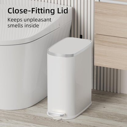 KUK Slim Bathroom Trash Can with Lid Soft Close, Step Pedal, 2.6 Gal/ 10L Stainless Steel Garbage Can with Removable Inner Bucket, Anti-Fingerprint Wastebasket for Office, Bedroom, Toilet (White)