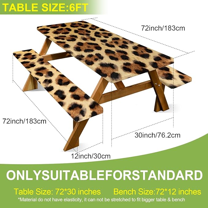 ANNA QUEEN 6FT Leopard Picnic Table Cover with Bench Covers Picnic Table Cover Set 3PCS 72"x30", Waterproof Outdoor Bench and Tablecloth Furniture Protection for Camping Beach BBQ