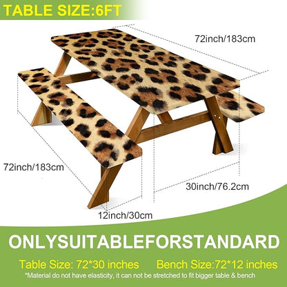 ANNA QUEEN 6FT Leopard Picnic Table Cover with Bench Covers Picnic Table Cover Set 3PCS 72"x30", Waterproof Outdoor Bench and Tablecloth Furniture Protection for Camping Beach BBQ