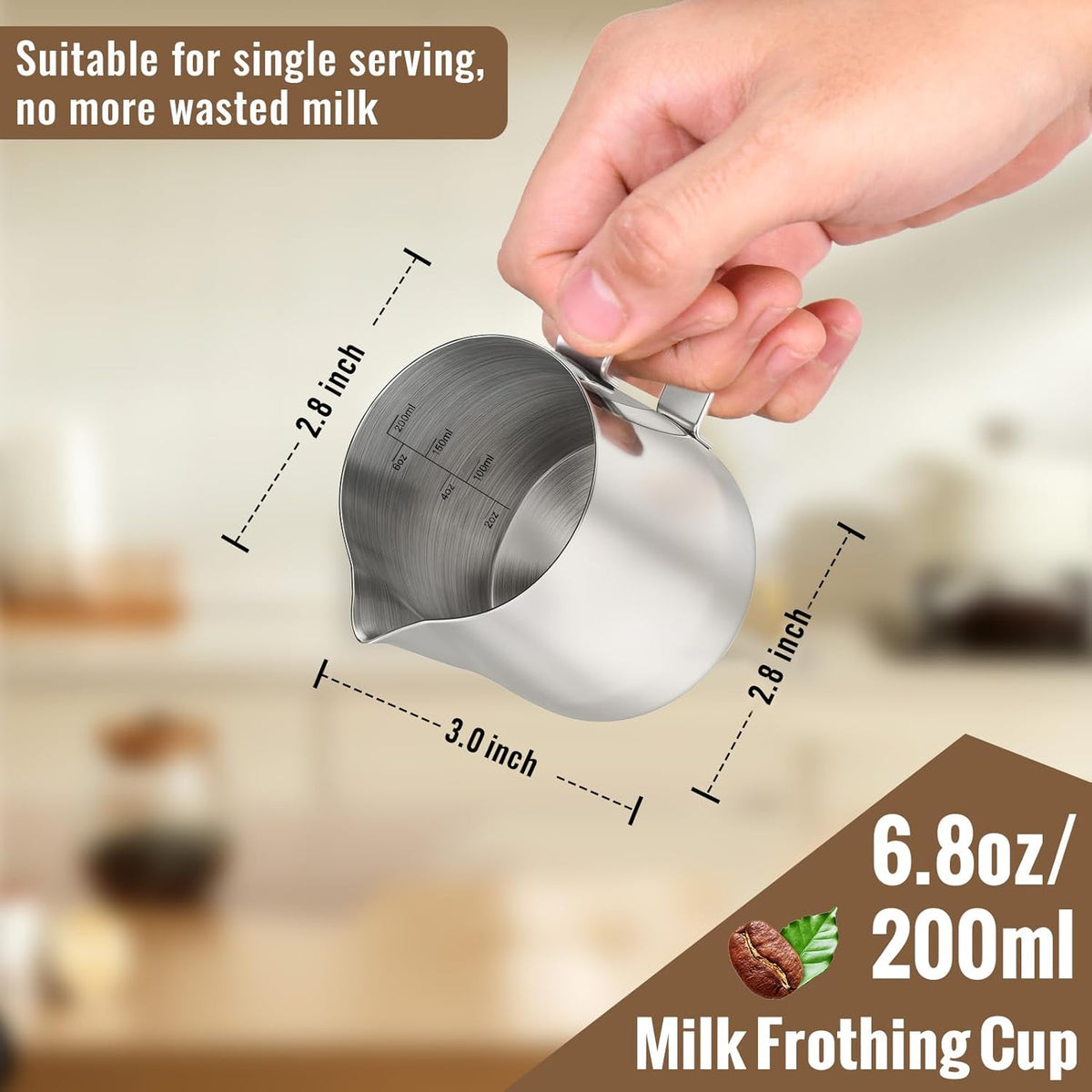 Hulisen Milk Frothing Pitcher, 6.8oz/200ml Stainless Steel Milk Frother Cup, Small Steaming Pitcher for Espresso Machine, Latte Art Pour Cup