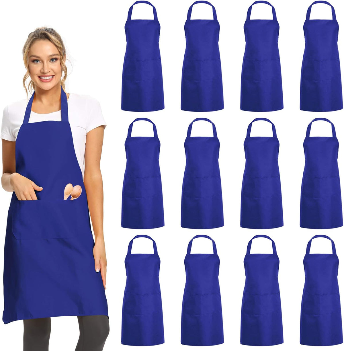 DUSKCOVE 12 Pack Plain Bib Aprons with 2 Pockets - Blue Unisex Commercial Apron Bulk for Kitchen Cooking Restaurant BBQ Painting Crafting