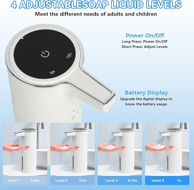 Automatic Liquid Soap Dispenser, 13.52oz/400ml Rechargeable Touchless Smart Lotion Soap Dispenser, Hand Dish Soap Dispensers for Bathroom & Kitchen - Wall Mounted, 4 Adjustable Level, IPX5 Waterproof
