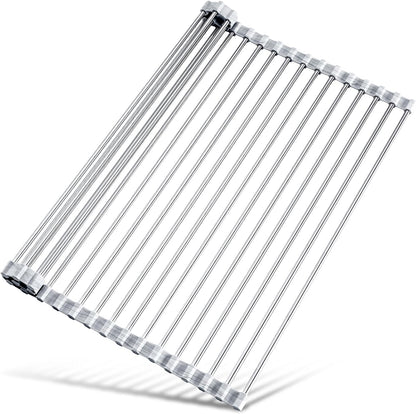 Tomorotec Stainless Steel Roll-Up Dish Drying Rack Marble Color Silicone Edges, Foldable Kitchen Rack Heat Resistant Trivet Supports up to 70 lbs, Food Safe for Dishes, Cookware & More