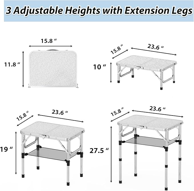 YihuiKo Small Folding Picnic Table with Storage Net, 3 Adjustable Heights 27.5" Aluminum Lightweight Portable Table with Carrying Handle for Camping Travel and Indoor