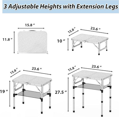 YihuiKo Small Folding Picnic Table with Storage Net, 3 Adjustable Heights 27.5" Aluminum Lightweight Portable Table with Carrying Handle for Camping Travel and Indoor