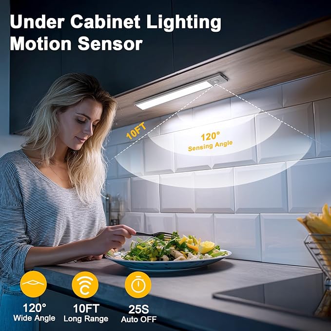 Onforu 9.8" Under Cabinet Lighting, 2000mAh USB-C Rechargeable, Motion Sensor Under Cabinet Lights with 3 Color & Dimmable, Magnetic Under Counter Lights for Kitchen, Closet, 6 Pack