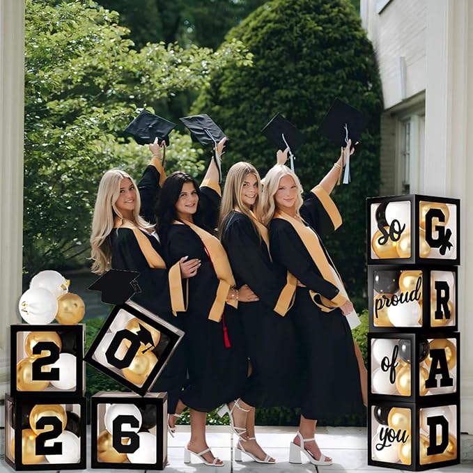 2026 Graduation Party Decorations, 4Pcs Black Boxes with 30Pcs Black White Gold Latex Balloons with Letters "2026 GRAD So Proud of You" for High School College Graduation Party Decorations (Black)