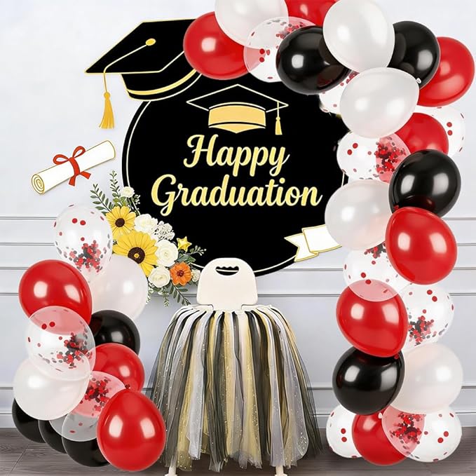 60Pcs Black and Red Balloons Graduation Balloons - 12 Inch Black Red Confetti with Ribbons for 2026 Graduation Decorations for Grad Party Decorations