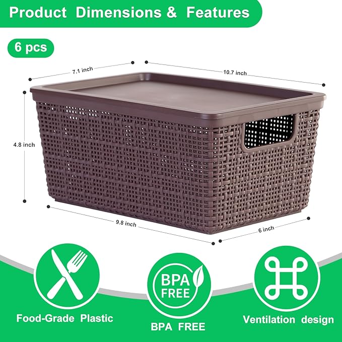 6 Pack Plastic Storage Baskets With Lids,Brown Breathable Stackable Storage Bins,Small Storage Containers,for Organizing Storage Baskets on Desktops,Closets,Playrooms,Classrooms,Offices