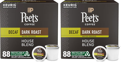 Peet's Coffee, Dark Roast Decaffeinated Coffee K-Cup Pods for Keurig Brewers - Decaf House Blend 88 Count (4 Boxes of 22 K-Cup Pods) (Pack of 2)