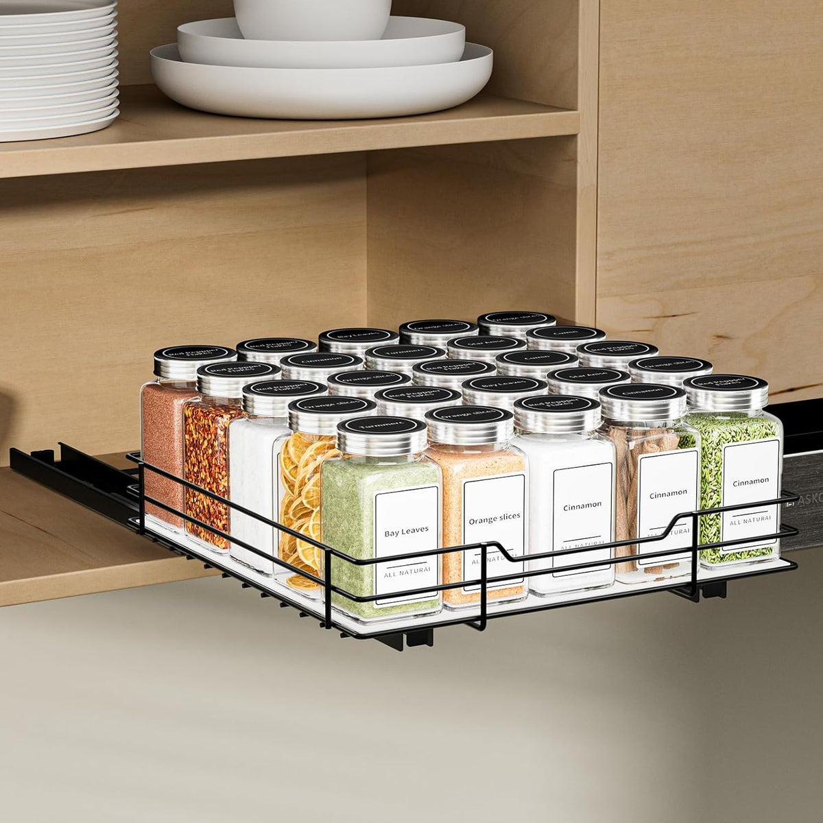 Pull Out Spice Rack, Slide Out Spice Rack for Cabinet, Spice Organizer for Kitchen and Pantry, Fits Spices, Sauces, Canned Food (10.5''Wx10.5''Dx2.5''H)