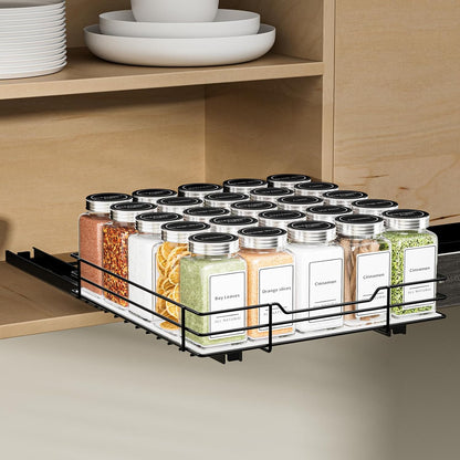 Pull Out Spice Rack, Slide Out Spice Rack for Cabinet, Spice Organizer for Kitchen and Pantry, Fits Spices, Sauces, Canned Food (10.5''Wx10.5''Dx2.5''H)