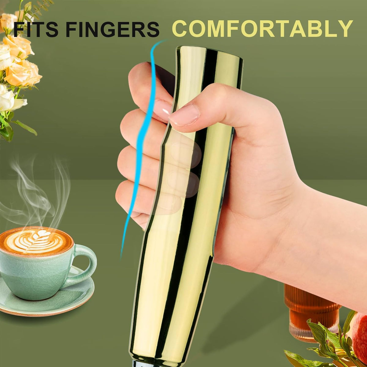 Yuswko Champagne Gold Handheld Milk Frother Wand for Coffee, Rechargeable Electric Whisk with 3 Heads 3 Speeds Drink Mixer Coffee Frother For Latte
