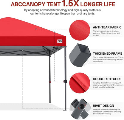 ABCCANOPY 10x10 Pop Up Canopy Tent, Easy Setup Instant Shelter with Wheeled Bag, Heavy Duty Outdoor Canopy for Beach, Market, Backyard, UV Protection, Outdoor Weather Protection (Red, 10x10)