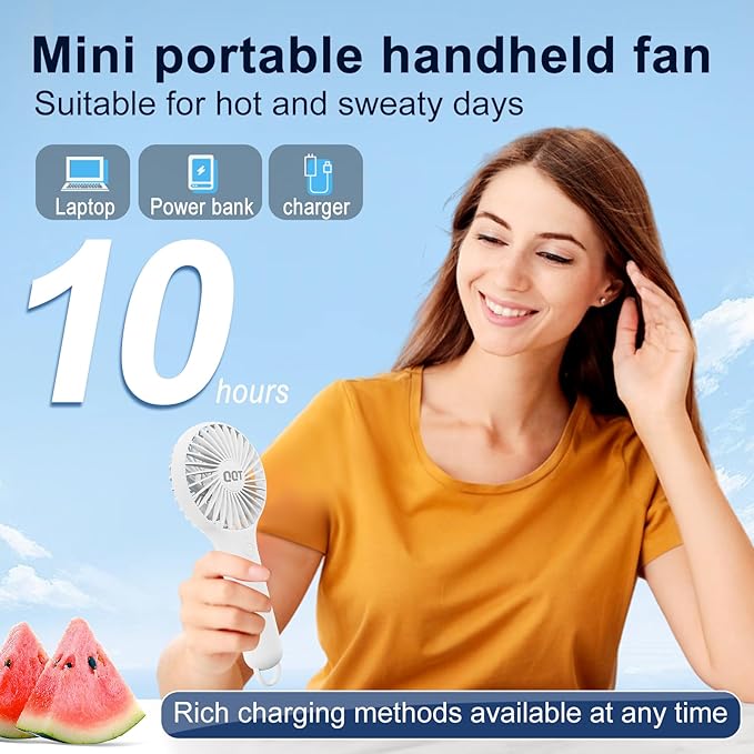 QQT Mini Handheld Fan, Small Personal Cooler with 3 Speeds, Portable Battery Operated, USB Rechargeable Makeup Eyelash Dryer, Strong Airflow for Travel, Office, Outdoor, Women, Men, and Kids(White)