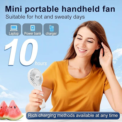 QQT Mini Handheld Fan, Small Personal Cooler with 3 Speeds, Portable Battery Operated, USB Rechargeable Makeup Eyelash Dryer, Strong Airflow for Travel, Office, Outdoor, Women, Men, and Kids(White)