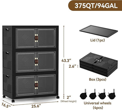 SAILUN 321QT/80Gal Stackable Storage Bins with a Lid, Collapsible Storage Bins With Doors, Folding Cabinet for Home Closet Organization,3 Pack-26 W x 16.5" D x 43.3" H Black