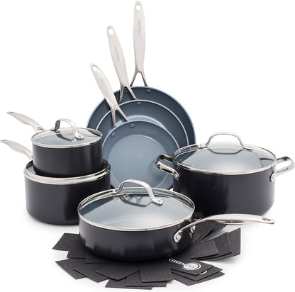 GreenPan 11 Piece Valencia Pro Ceramic Nonstick Cookware Set, PFAS-Free, Induction Ready, Hard Anodized Pots & Pans with Lids, Compatible on All Cooktops, Dishwasher & Oven Safe, Gray