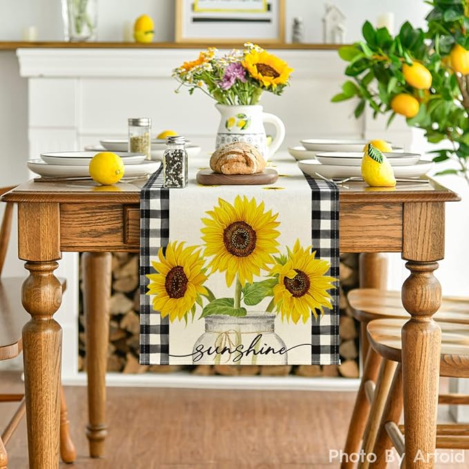 Artoid Mode Buffalo Plaid Sunflower Sunshine Vase Summer Table Runner, Spring Kitchen Dining Table Decoration for Home Party Decor 13x60 Inch