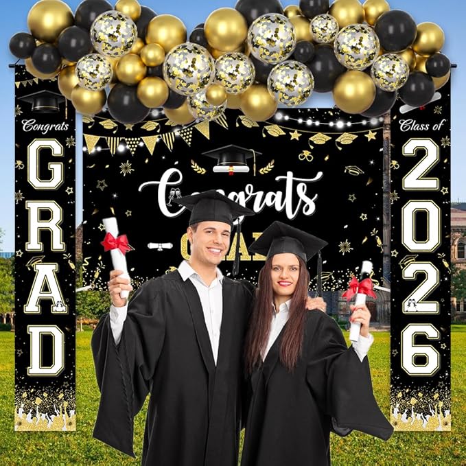 AIBIIN 60pcs Graduation Decorations Class of 2026 Black Gold Graduation Balloon Arch Kit with Congrats Grad Backdrop Class of 2026 Porch Sign Banner Congrats Grad Prom Party Decorations Supplies