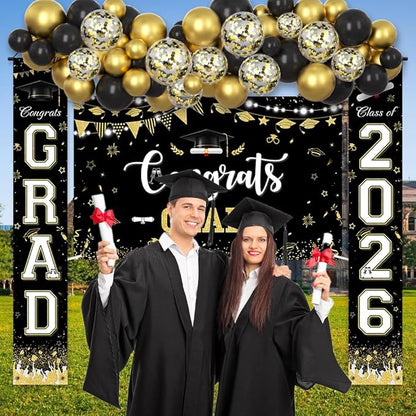 AIBIIN 60pcs Graduation Decorations Class of 2026 Black Gold Graduation Balloon Arch Kit with Congrats Grad Backdrop Class of 2026 Porch Sign Banner Congrats Grad Prom Party Decorations Supplies