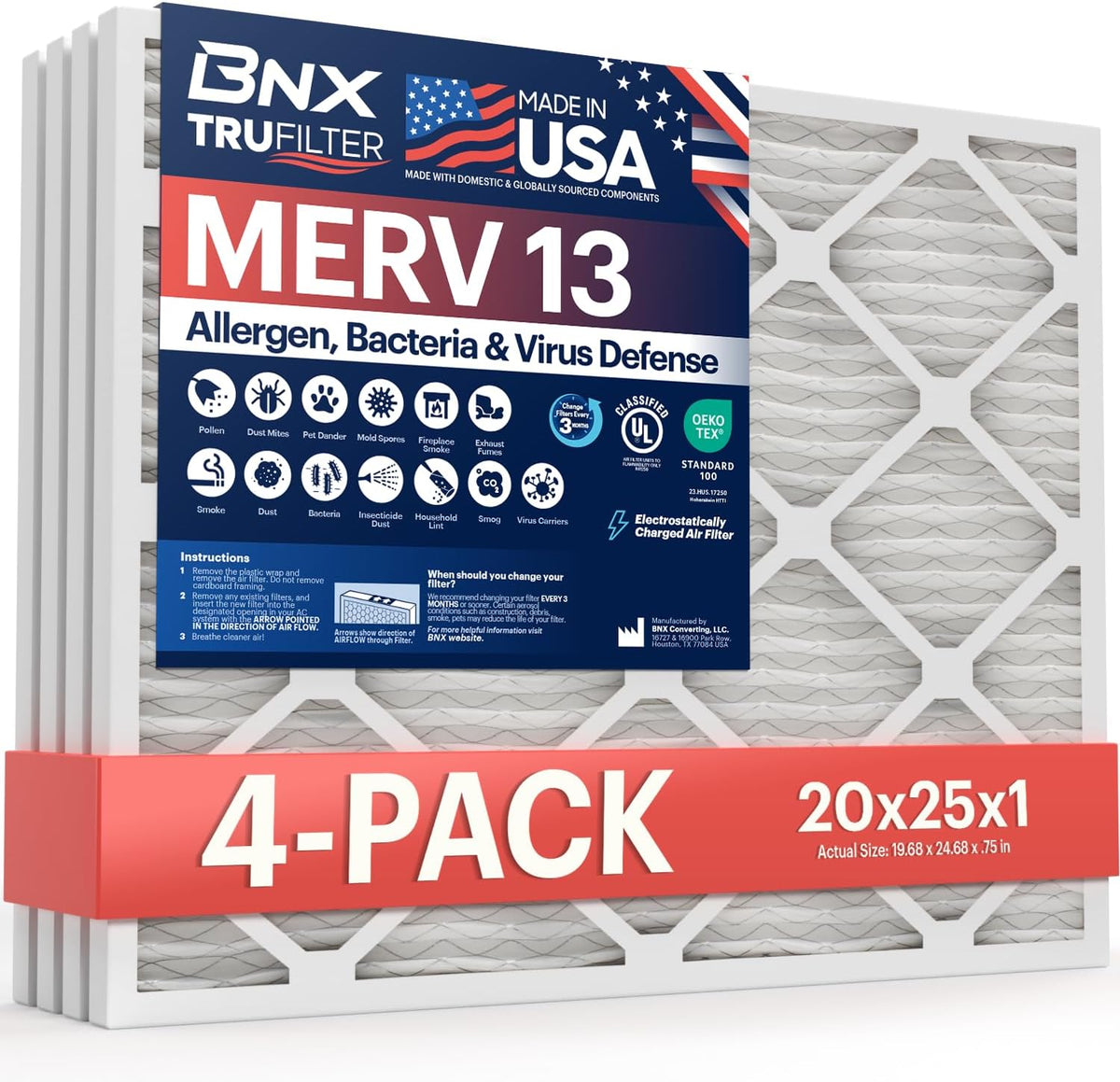 BNX TruFilter 20x25x1 Air Filter MERV 13 (4-Pack) - MADE IN USA - Electrostatic Pleated Air Conditioner HVAC AC Furnace Filters for Allergies, Pollen, Mold, Bacteria, Smoke, Allergen, MPR 1900 FPR 10