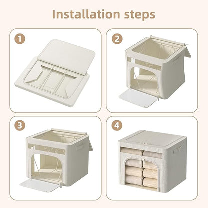 FHSQX 6 Pack Foldable Storage Bins for Clothes Clothes Storage Bins with Metal Frame Stackable Storage Box with Lid (Cream White, 16.5x12.2x12.2 inch (40L))