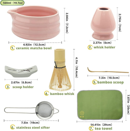 Matcha whisk Set,7 Pcs Matcha Making Kit with whisk Whisk, Ceramic Bowl, Sifter, Scoop, Holder, Stand