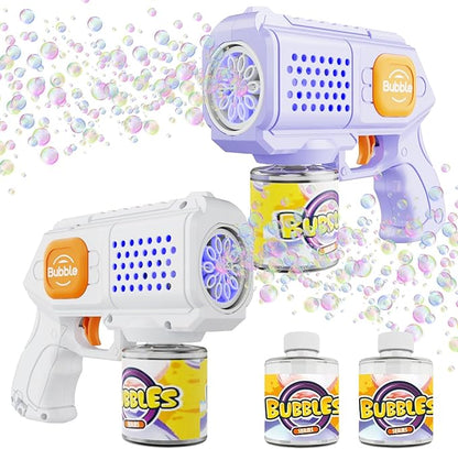 Panamalar 2 Packs Bubble Guns for Kids, Automatic Bubble Machine Gun 10000+ Bubbles/Min, 10 Holes Bubble Maker Toys with Solution/Light for Boys Girls Outdoor Wedding Party, Purple+White