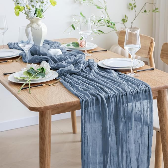 Asee'm 3pcs Cheesecloth Table Runner Spring Easter120 Inches Dusty Blue Boho Gauze Cheese Cloth Runner 10FT Rustic Sheer Table Runners for Centerpiece Wedding Baby Shower Decoration