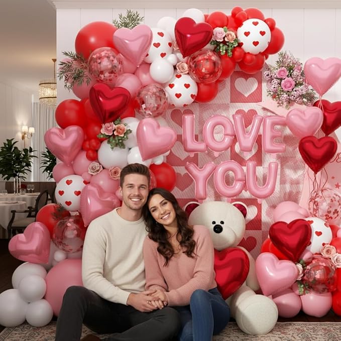 171pcs Valentines Day Balloons Garland Arch Kit, Pink Red White Confetti Heart Balloons Arch for Valentine's Galentine's Day Birthday Wedding Anniversary Engagement Party Decorations