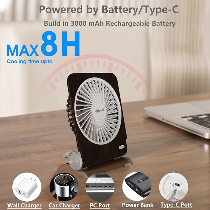 Digibond Rechargeable Desk Fan Quiet and Small 225° Rotated Small USB Fan for Home