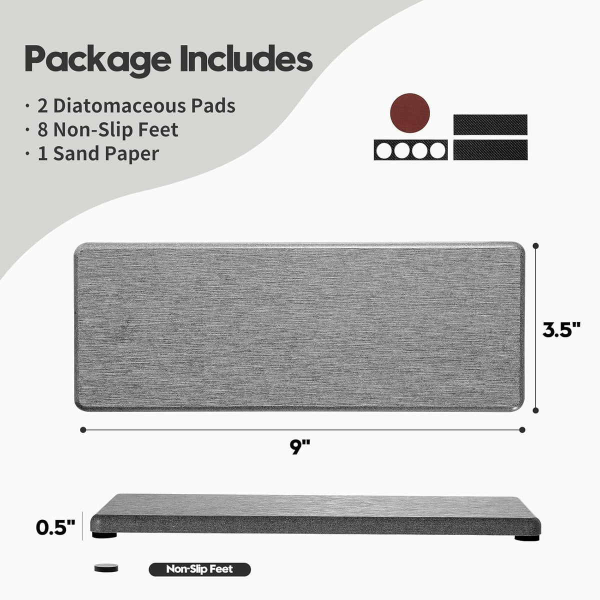 2PCS Bathroom Counter Vanity Trays, Water Absorbing Diatomite Stone Quick Drying Mat for Kitchen Sink Counter, Dish Rack Soap Dispenser Sponge Holder Caddy Organizer, Light Gray, 9"x 3.5"
