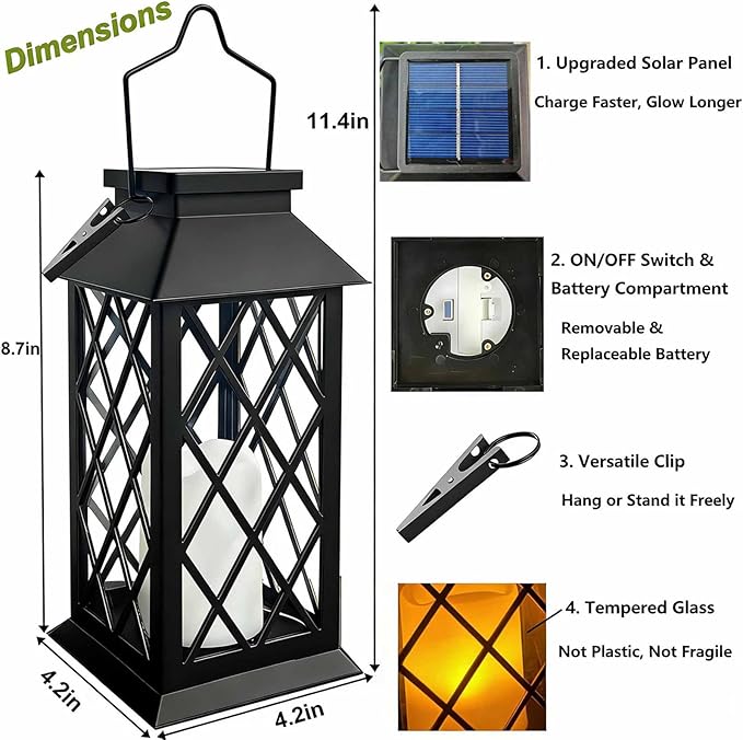 Solar Lanterns Outdoor Waterproof, Flickering Candles Hanging Solar Lights for Outside Garden Patio Wall Porch Decorative, Lamp with Upgraded Solar Panel, Tempered Glass & Clip, Black 2 Pack