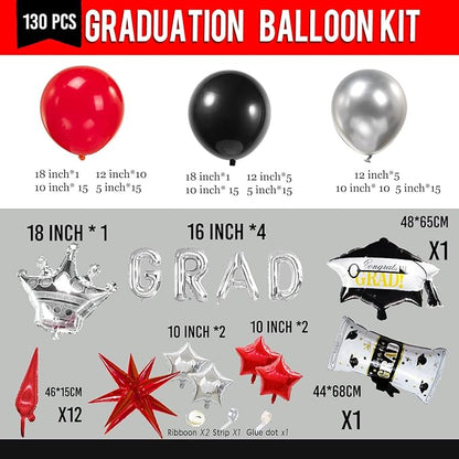 Black red and silver Balloon Garland Arch Kit 130Pcs with red and Silver Stars Graduation Certificate Graduation Cap crown GRAD Letters Mylar Balloons for 2026 GRAD Prom Decorations