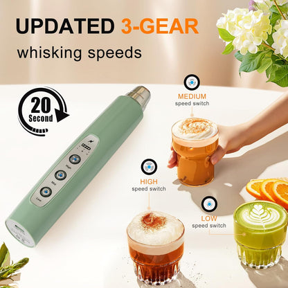 Yuswko Granite Green Handheld Milk Frother Wand for Coffee, Rechargeable Electric Whisk with 3 Heads 3 Speeds Drink Mixer Coffee Frother For Latte
