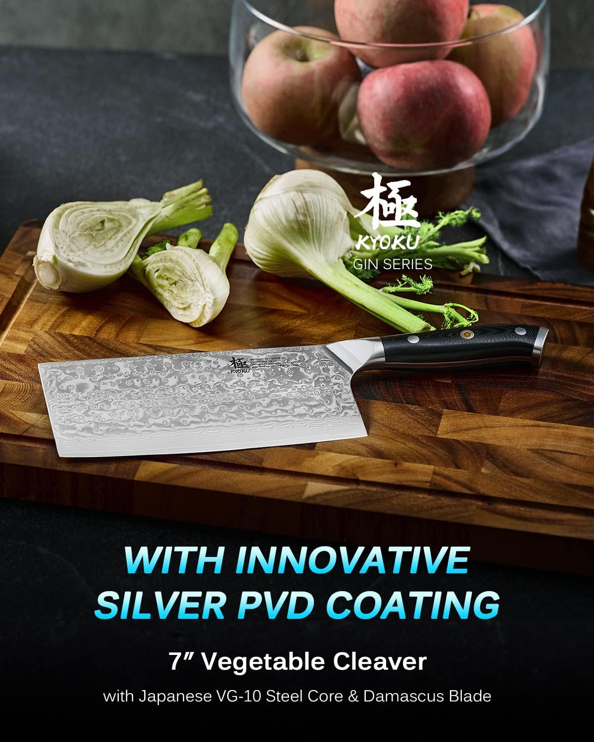Kyoku Gin Series Vegetable Cleaver Knife, 7" Asian Vegetable Knife, Japanese VG10 Damascus Stainless Steel Knife