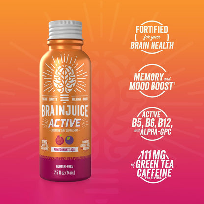 BrainJuice Decaf Active Pomegranate Acai Nootropic Supplement Shot, 2.5 fl oz, 12 Pack