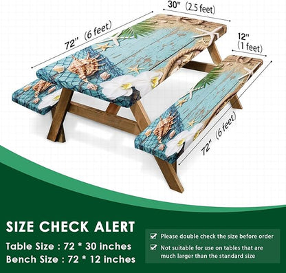 Picnic Table Cover with Bench Covers Elastic Edges, Beach Ocean Fitted Table Cover, Outdoor Patio Camping Essentials 72 Inch 3PCS, Waterproof Camping Fitted Tablecloth with Drawstring Bag
