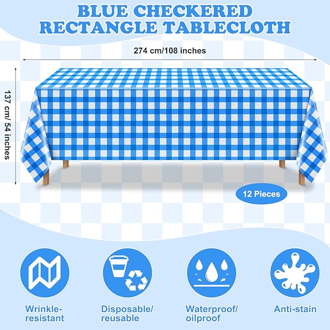 12 Pieces Plastic Checkered Tablecloth Gingham Tablecloth Rectangle Disposable Plaid Table Cloth 54 x 108 Inch 8 Foot Waterproof Picnic Table Covers for Barbecue Holiday Birthday Party(Blue Checkered)
