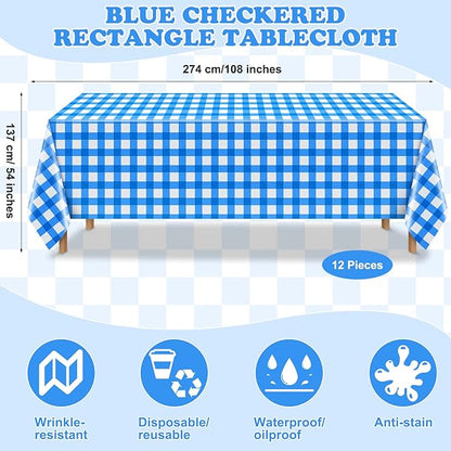 12 Pieces Plastic Checkered Tablecloth Gingham Tablecloth Rectangle Disposable Plaid Table Cloth 54 x 108 Inch 8 Foot Waterproof Picnic Table Covers for Barbecue Holiday Birthday Party(Blue Checkered)