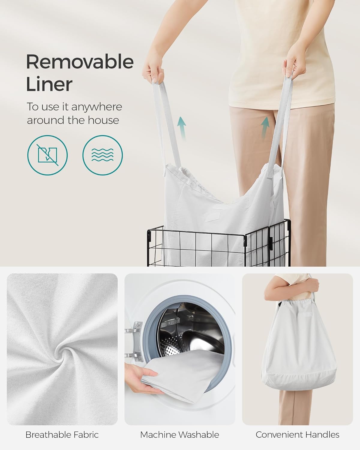 SONGMICS Laundry Hamper, 11 Gal. (50L) Laundry Basket, Collapsible Clothes Hamper, Removable and Washable Liner, Metal Wire Frame, for Bedroom Bathroom, Cream White ULCB150W01