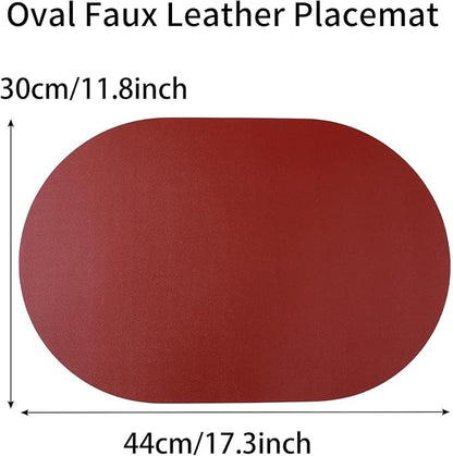 Oval Placemats Set of 6 Reversible Black and Red Faux Leather Placemat Waterproof PU Table Mats Heat Resistant Anti Slip Washable Place Mat for Indoor and Outdoor Dining Table