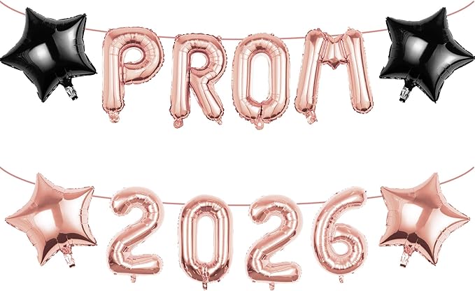 Prom 2026 Balloons Decorations, 16 Inch Foil Letter Number Balloons with 18 Inch Black Rose Gold Star Balloons for High School College Graduation Gift Retirement Ins Photo Party Supplies
