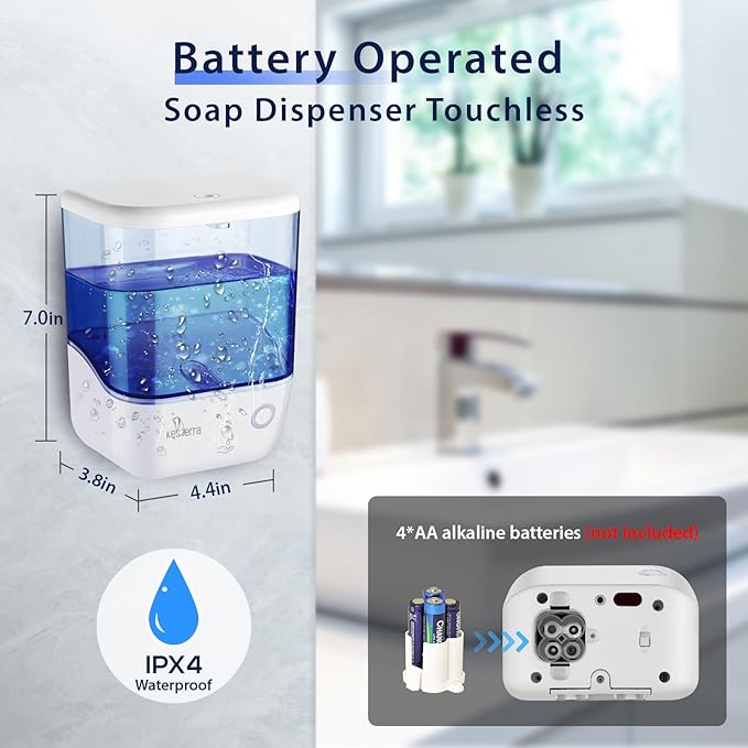 Automatic Soap Dispenser Wall Mount, Touchless Soap Dispenser 1000ml/34oz Battery Operated Hand Free Hand Sanitizer Dispenser for Bathroom Kitchen Hotel Offices Plastic, No Drill, White