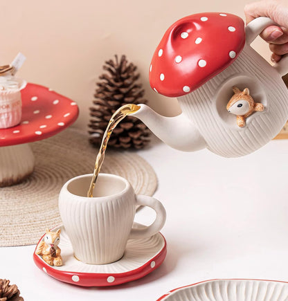 Cute Mushroom Teapot, Handmade Glaze Polka Dot Lid, Safety Matt Ceramic Tea Pot, With squirrel decoration. 23 oz / 680 ml