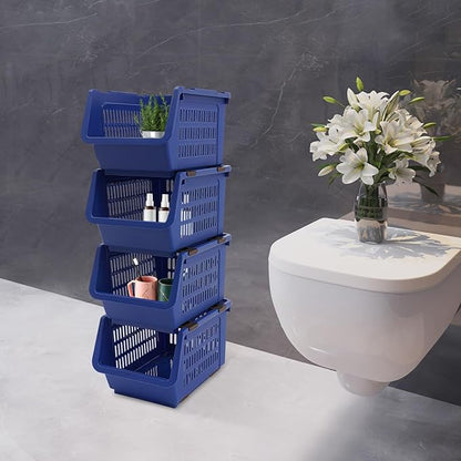 4-Pack Stackable Storage Baskets with 2 Wheels, Large Capacity 38.58 lbs Stackable Storage Bins Open Front, Space Saving Home Organization for Kitchen Bedroom Office (Blue, 9.5*13.4*29.9 in)