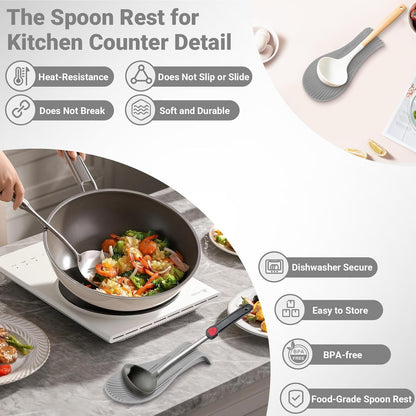 Heat Resistant Silicone Spoon Rest, Non-Slip Spoon Holder for Kitchen Counter, Silicone Spoon Rest for Stove Top for Spoons, Spatulas, Ladles, Tongs (Dark Gray)
