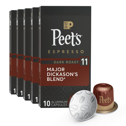 Peet's Coffee, Dark Roast Espresso Capsules, Compatible with Nespresso Original Machines - Major Dickason's Blend Intensity 11, 50 Count (5 Boxes of 10 Espresso Capsules)